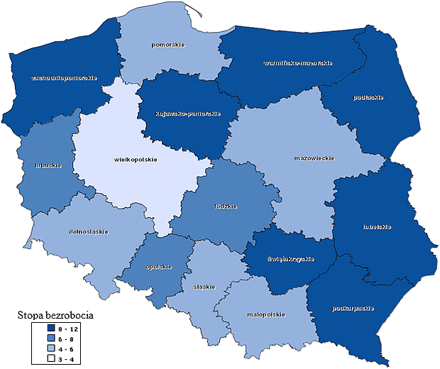 Stopa bezrobocia w województwach w IV kwartale 2017
